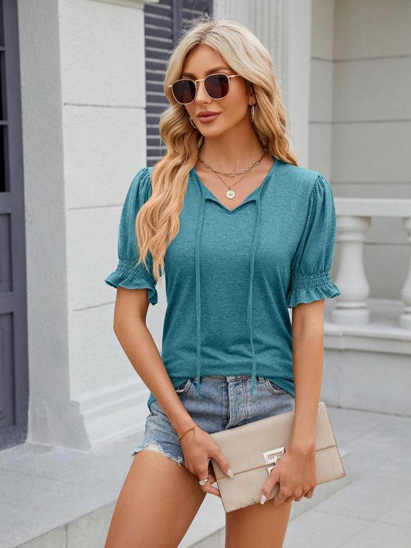 Women's V-neck drawstring pleated short-sleeved loose T-shirt - 808Lush