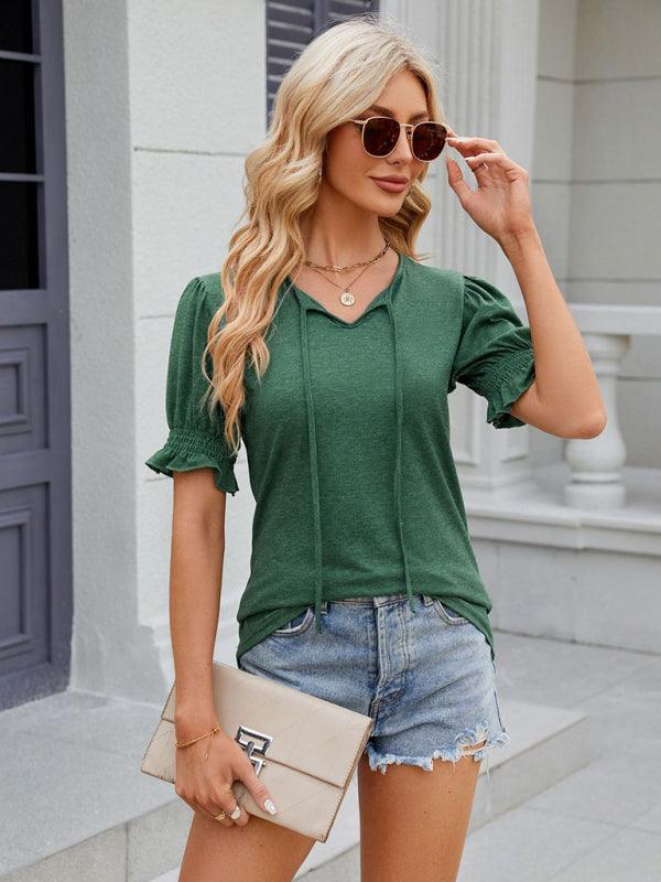 Women's V-neck drawstring pleated short-sleeved loose T-shirt - 808Lush
