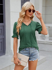 Women's V-neck drawstring pleated short-sleeved loose T-shirt - 808Lush