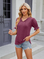 Women's V-neck drawstring pleated short-sleeved loose T-shirt - 808Lush