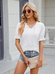 Women's V-neck drawstring pleated short-sleeved loose T-shirt - 808Lush