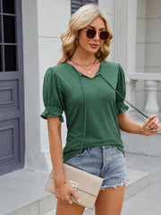 Women's V-neck drawstring pleated short-sleeved loose T-shirt - 808Lush