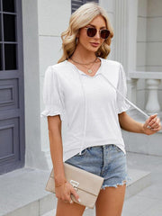 Women's V-neck drawstring pleated short-sleeved loose T-shirt - 808Lush