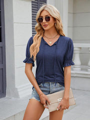 Women's V-neck drawstring pleated short-sleeved loose T-shirt - 808Lush