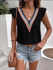 Women's V-neck lace casual solid color shirt - 808Lush