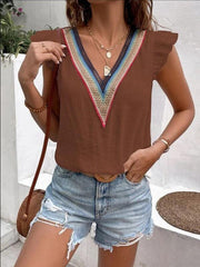 Women's V-neck lace casual solid color shirt - 808Lush