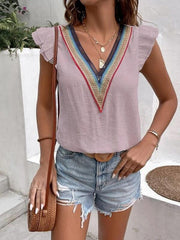 Women's V-neck lace casual solid color shirt - 808Lush