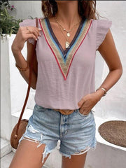 Women's V-neck lace casual solid color shirt - 808Lush