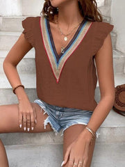 Women's V-neck lace casual solid color shirt - 808Lush