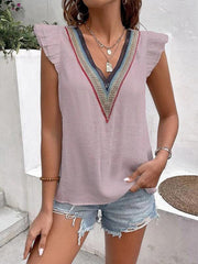 Women's V-neck lace casual solid color shirt - 808Lush