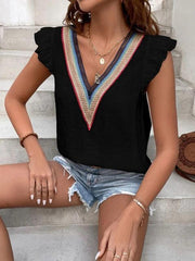 Women's V-neck lace casual solid color shirt - 808Lush