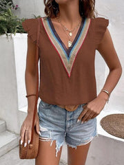 Women's V-neck lace casual solid color shirt - 808Lush