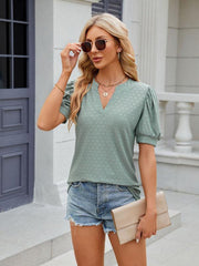 Women's V-neck puff sleeve pleated short-sleeved loose T-shirt - 808Lush