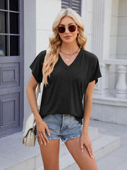 Women's V-neck solid color casual short-sleeved T-shirt top - 808Lush