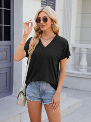 Women's V-neck solid color casual short-sleeved T-shirt top - 808Lush