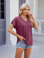 Women's V-neck solid color casual short-sleeved T-shirt top - 808Lush