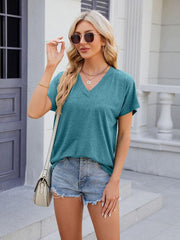 Women's V-neck solid color casual short-sleeved T-shirt top - 808Lush