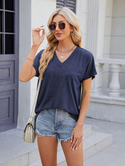 Women's V-neck solid color casual short-sleeved T-shirt top - 808Lush
