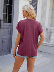 Women's V-neck solid color casual short-sleeved T-shirt top - 808Lush