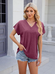 Women's V-neck solid color casual short-sleeved T-shirt top - 808Lush