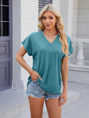 Women's V-neck solid color casual short-sleeved T-shirt top - 808Lush