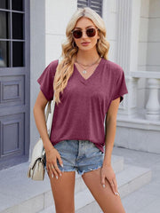 Women's V-neck solid color casual short-sleeved T-shirt top - 808Lush
