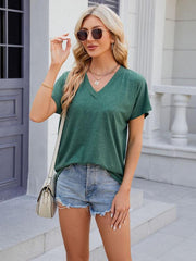 Women's V-neck solid color casual short-sleeved T-shirt top - 808Lush