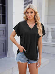 Women's V-neck solid color casual short-sleeved T-shirt top - 808Lush