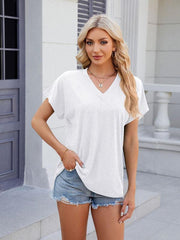 Women's V-neck solid color casual short-sleeved T-shirt top - 808Lush