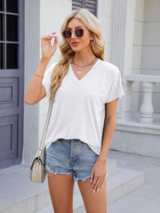 Women's V-neck solid color casual short-sleeved T-shirt top - 808Lush