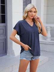 Women's V-neck solid color casual short-sleeved T-shirt top - 808Lush