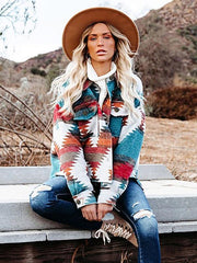 Women's Vintage Ethnic Geometric Print Long Sleeve Woolen Jacket - 808Lush