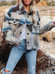 Women's Vintage Ethnic Geometric Print Long Sleeve Woolen Jacket - 808Lush