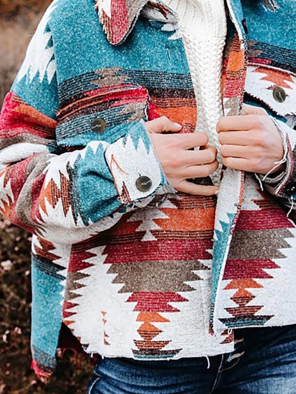 Women's Vintage Ethnic Geometric Print Long Sleeve Woolen Jacket - 808Lush