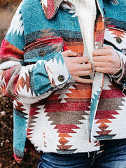 Women's Vintage Ethnic Geometric Print Long Sleeve Woolen Jacket - 808Lush