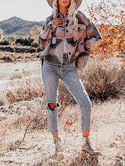 Women's Vintage Ethnic Geometric Print Long Sleeve Woolen Jacket - 808Lush
