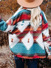 Women's Vintage Ethnic Geometric Print Long Sleeve Woolen Jacket - 808Lush