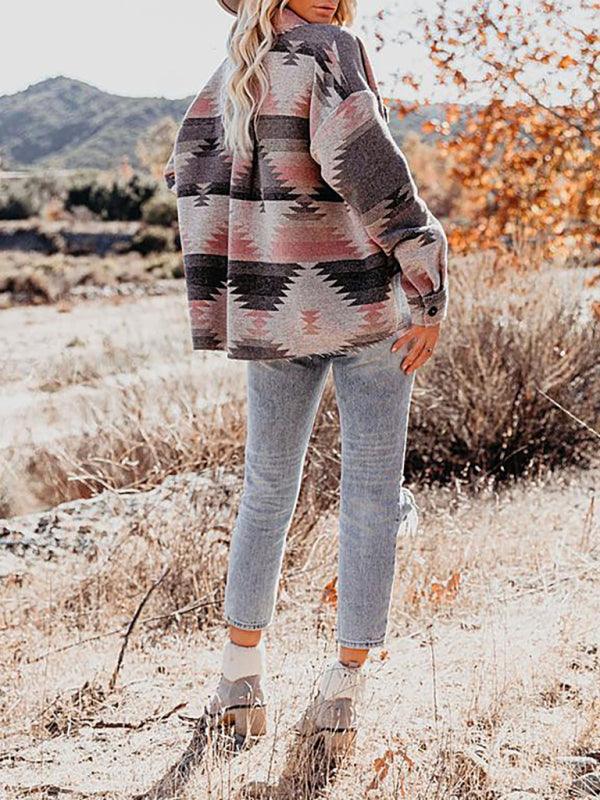 Women's Vintage Ethnic Geometric Print Long Sleeve Woolen Jacket - 808Lush