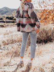 Women's Vintage Ethnic Geometric Print Long Sleeve Woolen Jacket - 808Lush