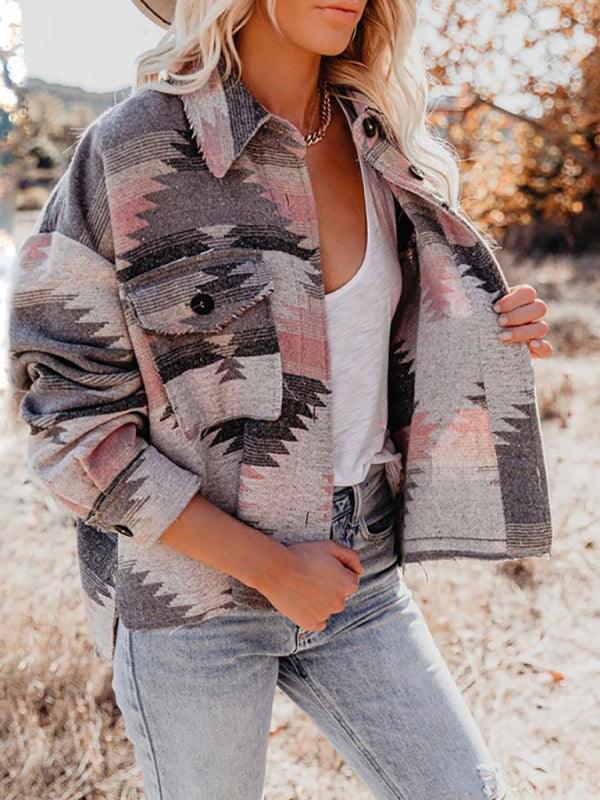 Women's Vintage Ethnic Geometric Print Long Sleeve Woolen Jacket - 808Lush