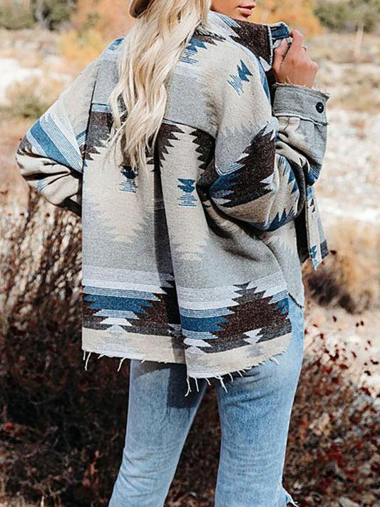 Women's Vintage Ethnic Geometric Print Long Sleeve Woolen Jacket - 808Lush