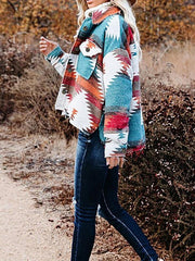 Women's Vintage Ethnic Geometric Print Long Sleeve Woolen Jacket - 808Lush