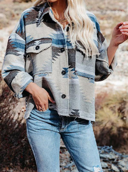 Women's Vintage Ethnic Geometric Print Long Sleeve Woolen Jacket - 808Lush