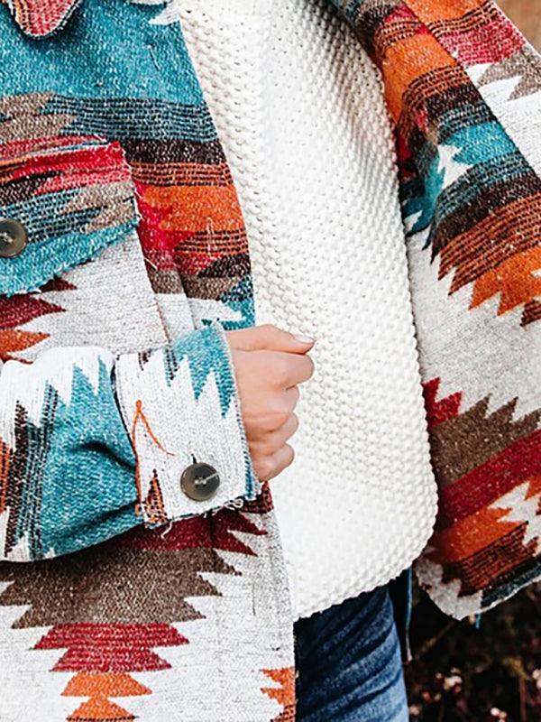 Women's Vintage Ethnic Geometric Print Long Sleeve Woolen Jacket - 808Lush