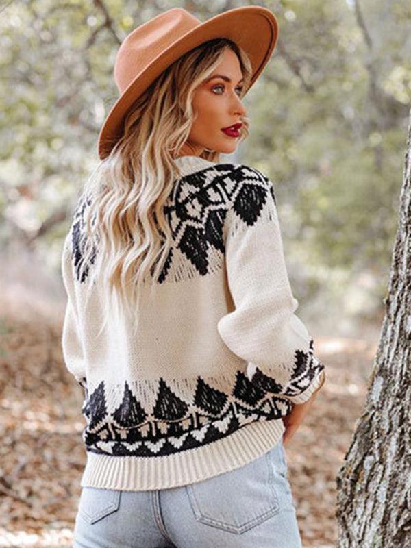 Women's Vintage Jacquard Sweater Women's Round Neck Long Sleeve Pullover Sweater - 808Lush