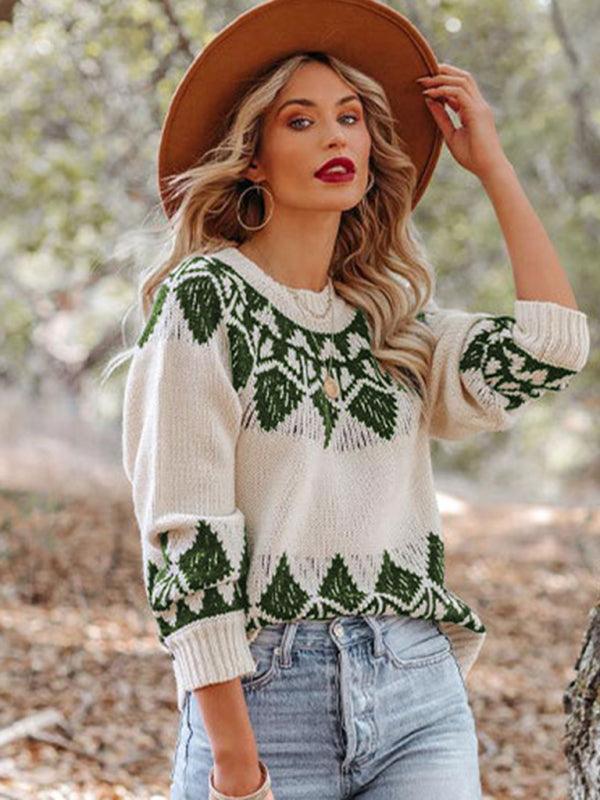 Women's Vintage Jacquard Sweater Women's Round Neck Long Sleeve Pullover Sweater - 808Lush