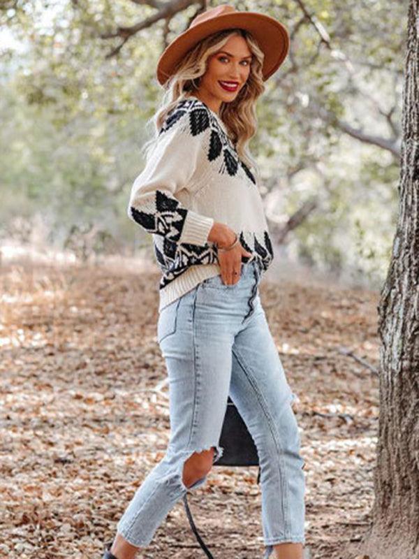 Women's Vintage Jacquard Sweater Women's Round Neck Long Sleeve Pullover Sweater - 808Lush