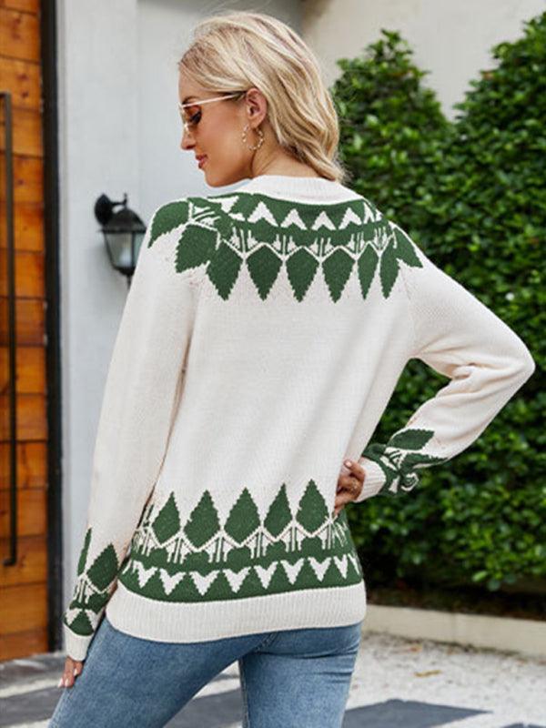 Women's Vintage Jacquard Sweater Women's Round Neck Long Sleeve Pullover Sweater - 808Lush