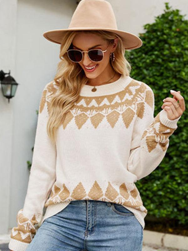 Women's Vintage Jacquard Sweater Women's Round Neck Long Sleeve Pullover Sweater - 808Lush