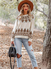 Women's Vintage Jacquard Sweater Women's Round Neck Long Sleeve Pullover Sweater - 808Lush